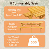8 Person Brown Wooden Picnic Table, Outdoor Camping Dining Table with 2 Seats, Garden, DIY with 2 Built-in Benches, 2220lb Capacity