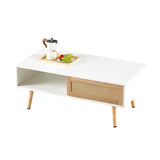 41.34" Rattan Coffee table, sliding door for storage, solid wood legs, Modern table  for living room ,White