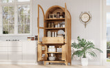 K&K 71" Tall Arched Kitchen Pantry Cabinet with Door Shelves, Farmhouse Kitchen Storage Cabinet with Open & Adjustable Shelves, Hidden Drawer & Glass Door, Cupboard for Kitchen, Dining Room, Natural