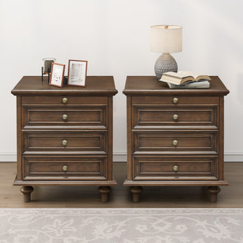 Farmhouse Nightstands Set of 2 with 4 Drawer,Wood Storage End Table with Hidden Pull-Out Shelf, Large Side Table with 4 Solid Wood Feet and Metal Handle,Easy Assembly,Walnut Brown
