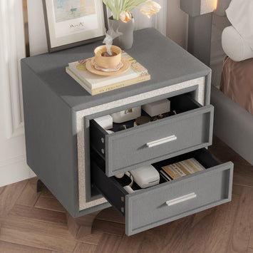 Mid Century Vintage Nightstand with Silver Glitter Strip Decor and Metal Legs, Velvet Bedside Table with 2 Drawers, Fully Assembled Except Legs and Handles, Gray