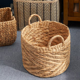 Isidore Round Water Hyacinth Seagrass Woven Basket with Handles - 15" x 15" x 11.8" - Natural Brown - For Clothes, Towels, Canvas, Toys and Magazine Storage and Home Decoration
