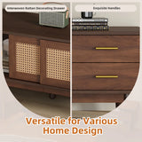Mid Century Modern TV Stand for 80" TVs, Entertainment Center with Sliding Doors and Drawers, TV Table with Storage for Living Room, Bedroom