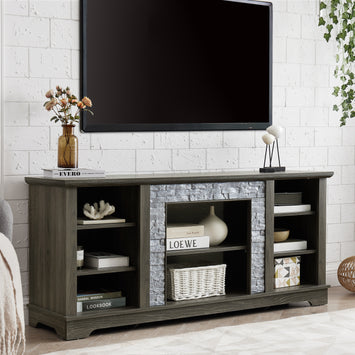 Mantel Stone TV Media Stand with with Faux Stacked Stone Surround, Modern Entertainment Console with Open Storage Space,Grey, 58.31