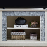 Large TV Desk Storage Rack with Faux Stacked Stone Surround,Media Console Table with Large Storage Cabinet,Modern TV Media Entertaionment Stand,WHITE, 70.12"W*15.35"D*25.83"H