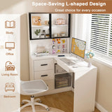 Computer Desk with Glass Cabinets & Built-In LED Lights, Corner L-Shaped Office Desk with USB Charging Ports, Keyboard Tray, Ergonomic Design for Home and Corporate Workspaces(White)