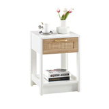 15.75" Rattan End table with  drawer, Modern nightstand, side table for living room, bedroom,white