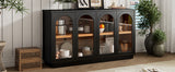 TREXM 4-Door Large Storage Buffet Cabinet with Glass Doors, Arched Cabinet with Adjustable Shelves for Kitchen, Dining Room and Living Room (Black)