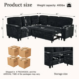 L-Shaped Sofa with Pull Out Sofa Bed, Sleeper Sofa Couch Bed with Storage Seat, 5 Seat Sectional Sofa Bed with USB, Sectional Sofa Couch for Living Room, Apartment, Charcoal Grey