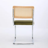 Mid Century Modern Dining Chairs Set of 2, Velvet Accent Chairs with Natural Cane Back & Stainless Chrome Base, Famous Breuer Designed Chairs, Upholstered Rattan Kitchen Chairs,Olive-Green