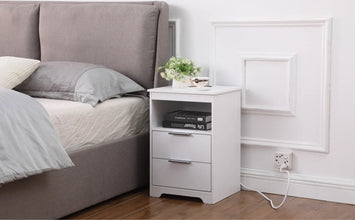 Nightstand with Charging Station,End Table with 2 Drawers,Wooden End Table with Drawer and Opening Shelf,Side Table for Bedroom, White
