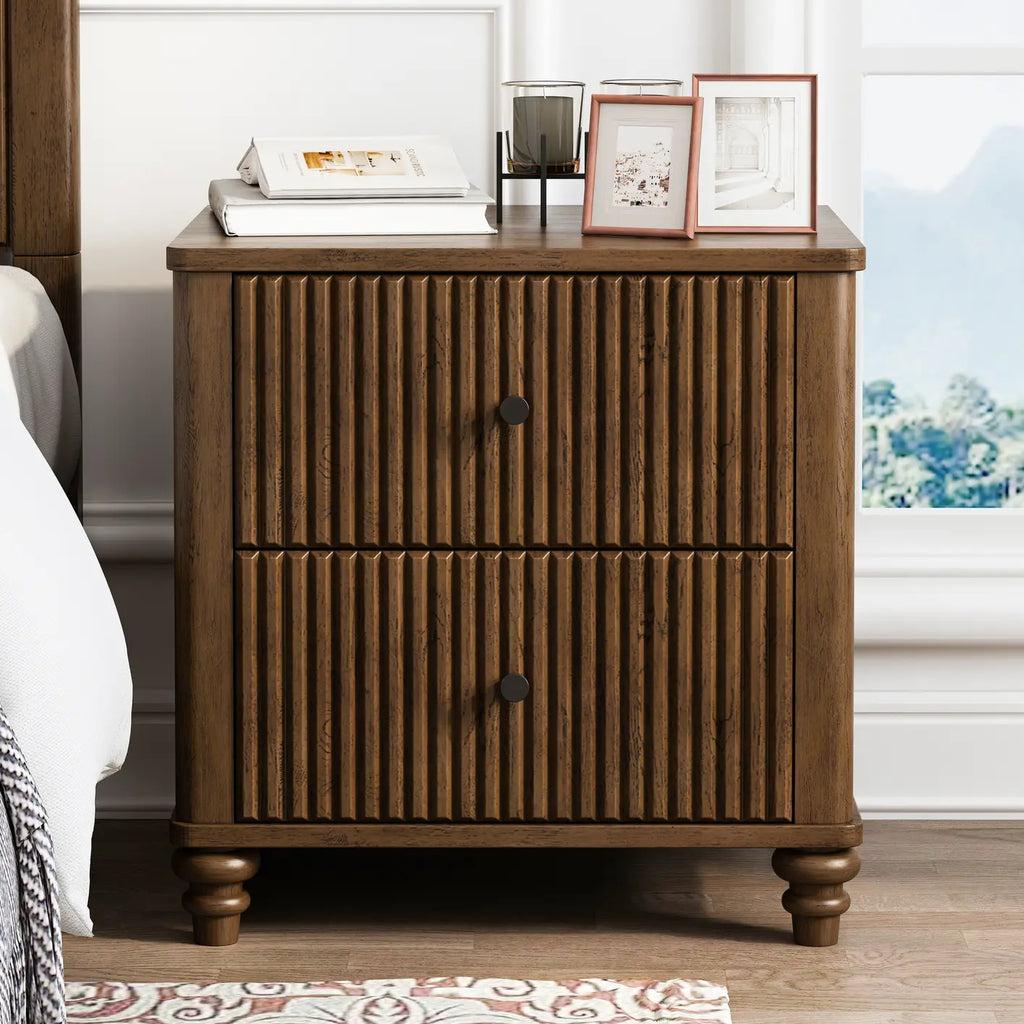 Fluted Nightstand, 21.65" Wide Side Table with 3 Drawers, Mid Century Modern Wood NightStand with Metal Handle, Wooden Bedside End Table for Bedroom, Living Room, Closet, Walnut