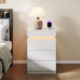 Nightstand with Built-In Charging Station and LED Lighting, 3-Drawer Sliding-Top Modern Bedside Table, Black Wooden End Table