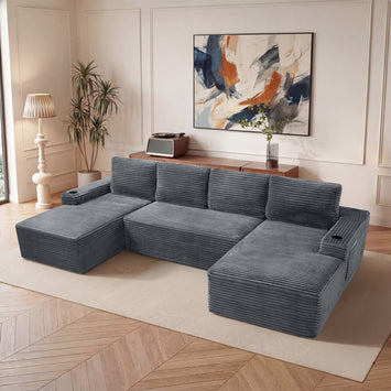Compressible U-Shaped Sectional Sofa Set,Minimalist Style Modular Sectional Sofa, Corduroy Fabric Cloud Couch for Living Room