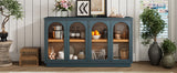 TREXM 4-Door Large Storage Buffet Cabinet with Glass Doors, Arched Cabinet with Adjustable Shelves for Kitchen, Dining Room and Living Room (Black)