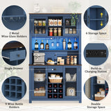 70.9" Kitchen Pantry Storage Cabinet Rustic Buffet Cabinet, Kitchen Hutch Cabinet with LED Outlets Food Pantry Cabinet with Doors and Shelves Wine Rack for Dining Room, Navy Blue