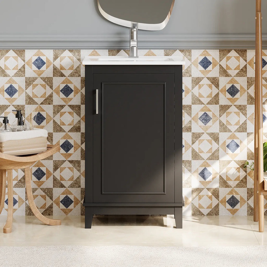 [Viedo] 20 Inch Modern Small Bathroom Vanity Cabinet With Ceramic Basin- 20*14.5*33.3 Inches,Ample Storage,1 Soft Close Door