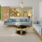 Modern Black Mirror Coffee Table, Asymmetrical Metal, Circular Metal Drum Base, Gold Finish & Lower Shelf