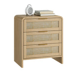 Rattan Nightstand 3 Drawers, 22.8" Wide Curved Wooden Bedside Table, Modern Storage for Bedroom, Natural Oak.
