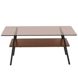 Rectangle Coffee Table, Tempered Glass Tabletop with Black Metal Legs, Modern Table for Living Room , Brown Glass