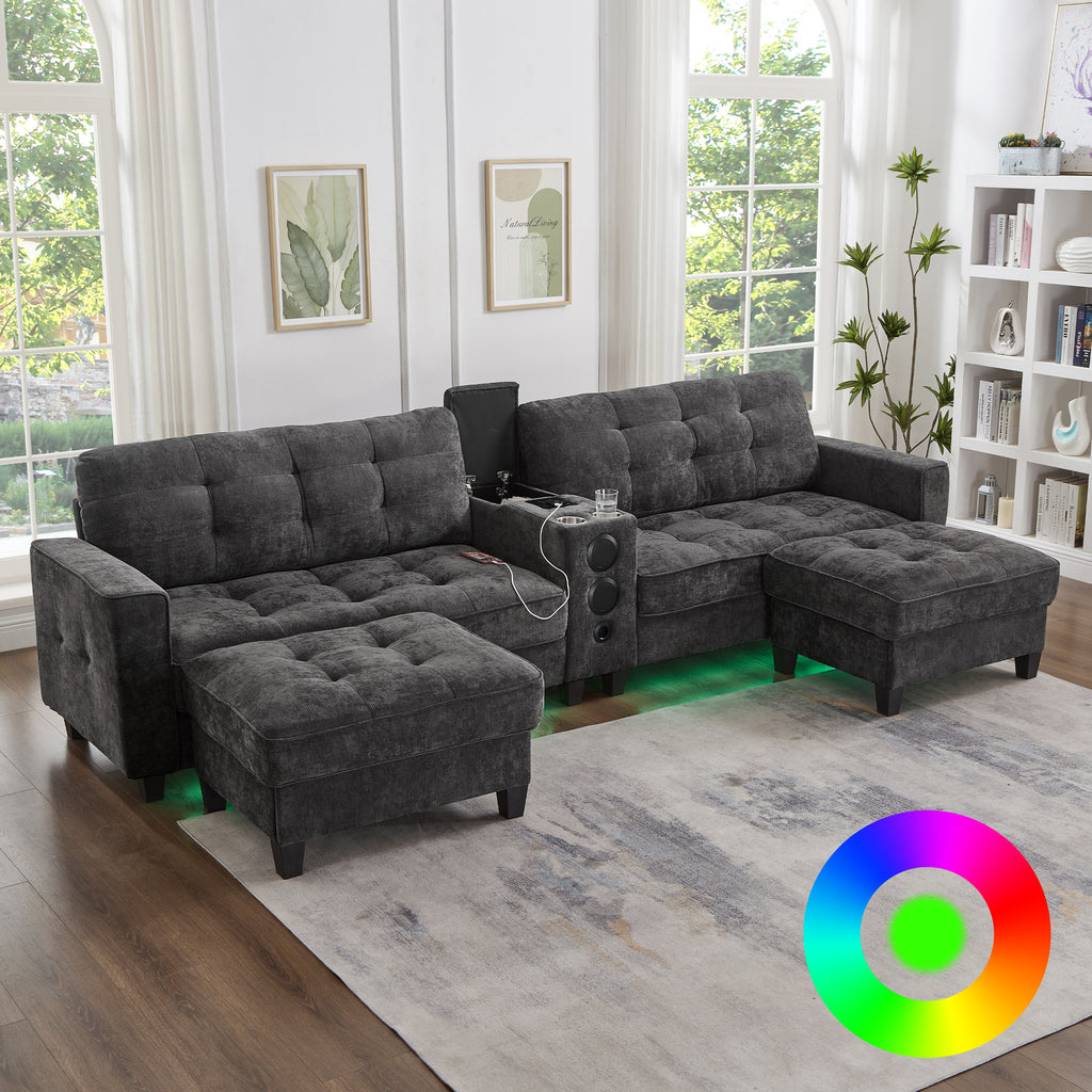 Modern Sectional Sofa 126" U-shaped Sectional Sofa Modular Sectional Couch with Movable Storage Ottomans, multifunctional Console, Bluetooth Speakers and LED Lights for Living Room, Grey
