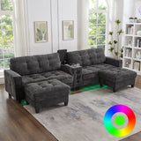 Modern Sectional Sofa 126" U-shaped Sectional Sofa Modular Sectional Couch with Movable Storage Ottomans, multifunctional Console, Bluetooth Speakers and LED Lights for Living Room, Grey