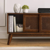 59 Inch Mid Century Modern Rattan TV Stand for 65 Inch TV, Entertainment Cabinet, Media Console for Living Room Media Room, Solid Wood Feet & Rattan Cabinet Doors - Dark Wood