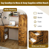 Computer Desk with 4-in-1 Socket & 3 Drawers, 4-Tier Storage Shelves, Carbonized Wood Finish Laminate for Home Office, Study, Bedroom