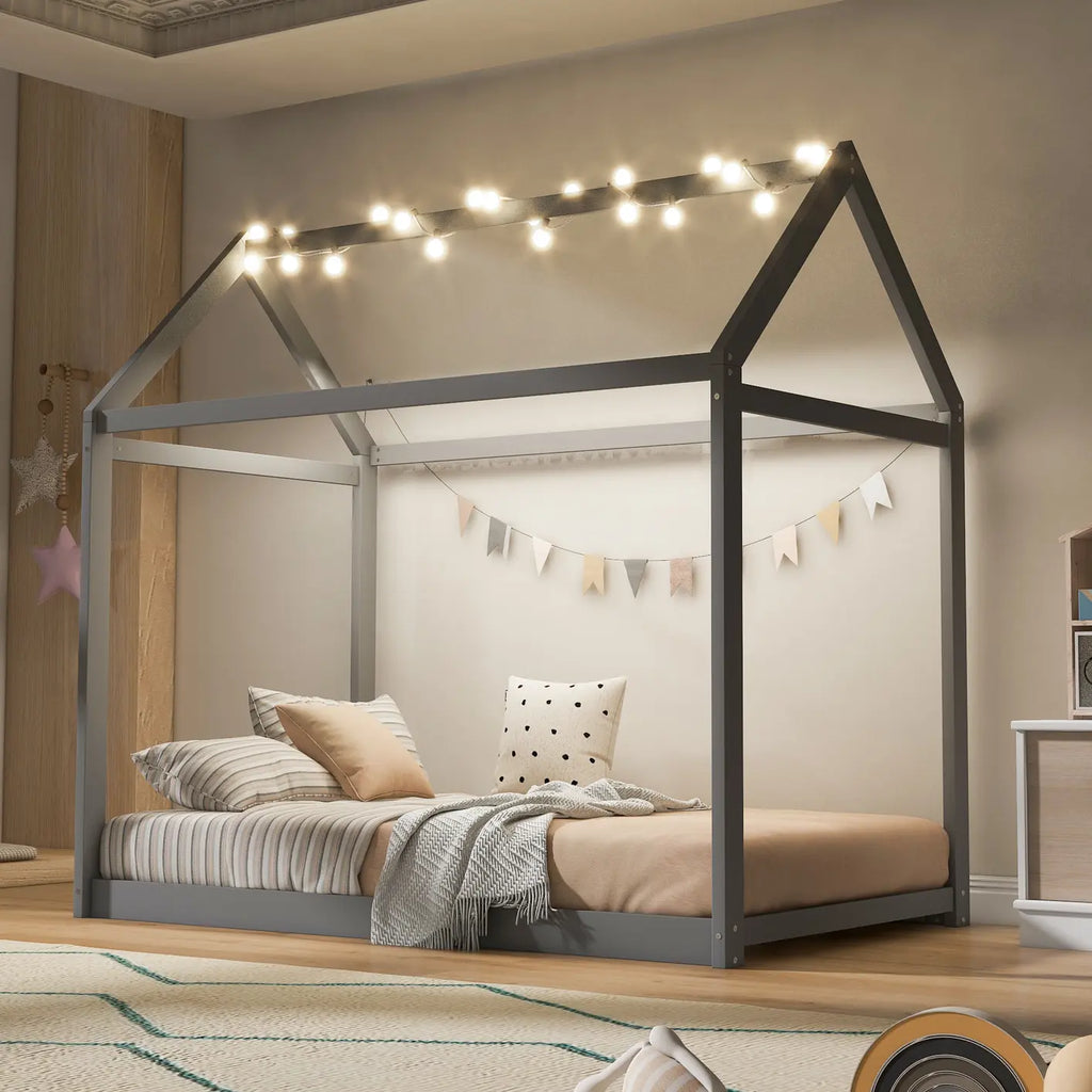 Twin Size Wooden House Bed, Gray