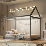 Twin Size Wooden House Bed, Gray