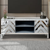 Mirrored TV Stand for 65+ inch TV,Sliver TV Console Table with Open Storage & 2 Storage Cabinets ,M Shape Sparkling Mirror Doors for Living Room(59''W x 25.2''H x 15.7D)