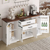 63" Farmhouse Barn Door Storage Cabinet with 2 Drawers & Door Rack, Large Buffet Table Coffee Bar Cabinets with Adjustable Shelves for Kitchen, Living Room, Entryway, Dining Room, White