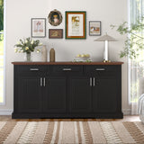 63" Fluted Sideboard Buffet Cabinet with Storage, Modern Coffee Bar Station with 4 Doors and 3 Drawers, Wood Kitchen Storage Console Table for Living Room Dining Room Entryway, Black