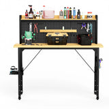 71''Adjustable Workbench with pegboard, Heavy Duty Wooden Desktop Workbench with Wheels, 1600 lb. Load Capacity, Rolling Workbench with AC/USB Outlet, Hooks, Shelf, for Garage, Workshop, Office, Home.