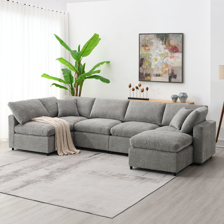 [VIDEO provided][New]130*65" Modern Modular Cloud Sofa Bed, 6 Seat Chenille Sectional Couch Set with Ottoman,Free Combination,Convertible U Shaped Sleeper Sofa for Living Room, Apartment, 3 Colors