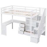 Twin Size Loft Bed with L-Shaped Desk and Drawers, Cabinet and Storage Staircase, White