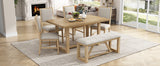 TREXM 6-Piece Retro Dining Table Set for 6, 60" Wood Kitchen Table and Chairs Set of 4 with Bench Designed Trestle Base for kitchen & Dining Room (Gray)