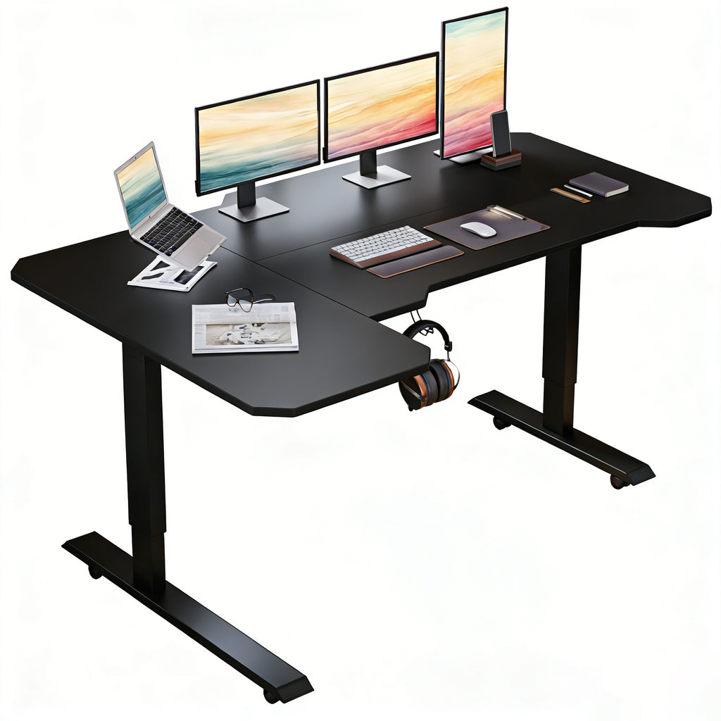 L-Shaped 59" Height Adjustable Electric Standing Desk, Sit and Stand Up Computer Desk For Home Office Black