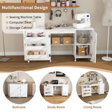 57.5" Foldable Sewing Machine Table with Locking Casters, Multi-Storage Craft Station with Shelves, Bins & Cabinet, Adjustable Sewing Cabinet for Home, Bedroom, and Craft Room(White)