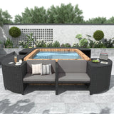 Spa Surround Spa Frame Quadrilateral Outdoor Rattan Sectional Sofa Set with Mini Sofa,Wooden Seats and Storage Spaces, Beige