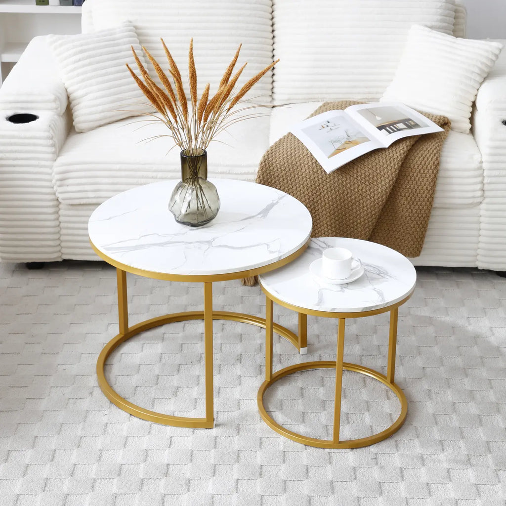 Set 2 Coffee Table Nesting White and gray top  Golden Frame Circular Round and Marble Pattern Wooden Tables, Living Room Bedroom Apartment Modern Industrial Simple Nightstand
