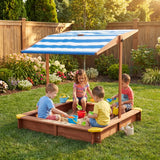 Kids Sandbox with Cover, 46" Wooden Sand Box w/Adjustable Canopy, Large Outdoor Cedar Sandpit for Backyard Play
