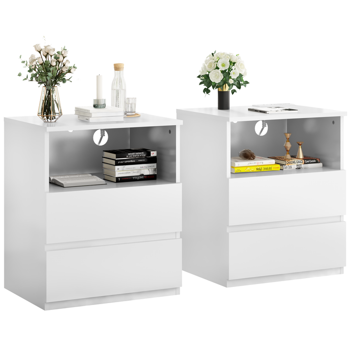 (Set of 2)End Table with Fast USB C Charging Station, Sofa Side Table with 2 Drawers, Large Storage Modern Wood Storage Cabinet for Living Room,Bedroom,Office, White
