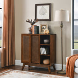 Mid Century Modern Rattan Sideboard Cabinet, Buffet Cabinet for Entryway Hallway Living Room Kitchen Dining Room, Adjustable Shelf & Solid Wood Feet & Rattan Cabinet Doors - Dark Wood