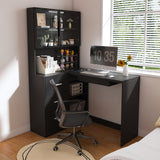 Computer Desk with Glass Cabinets & Built-In LED Lights, Corner L-Shaped Office Desk with USB Charging Ports, Keyboard Tray, Ergonomic Design for Home and Corporate Workspaces(White)