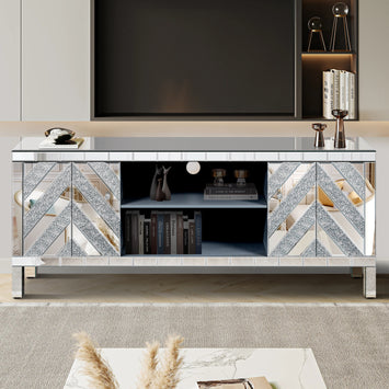 Mirrored TV Stand for 65+ inch TV,Sliver TV Console Table with Open Storage & 2 Storage Cabinets ,M Shape Sparkling Mirror Doors for Living Room(59''W x 25.2''H x 15.7D)