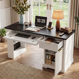 55" Modern Fluted Office Desk with Storage Cabinet & Drawers, Computer Writing Desk with Power Outlet, Pegboard, Built-in Shelves and Keyboard Tray for Study, Living Room, Home Office, White