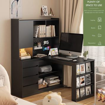L Shaped Desk,Computer Desk with Drawers,Bookshelf,with LED Light,Modern Corner Desk,Home Office Desk,L-Shaped Study Table Writing Desk,Corner Gaming Computer Desk with Storage