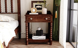 Retro Style Nightstand with Drawer and Open Shelf for Bedroom, Bedside Table with Turned Legs and Metal Handle,Walnut