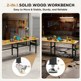 96" Adjustable Workbench with Side Pegboard, Solid Wood Top, 2000 lbs Capacity, Adjustable Height Garage Work Table with Power Outlet, Storage Box, Wheels or Leveling Feet